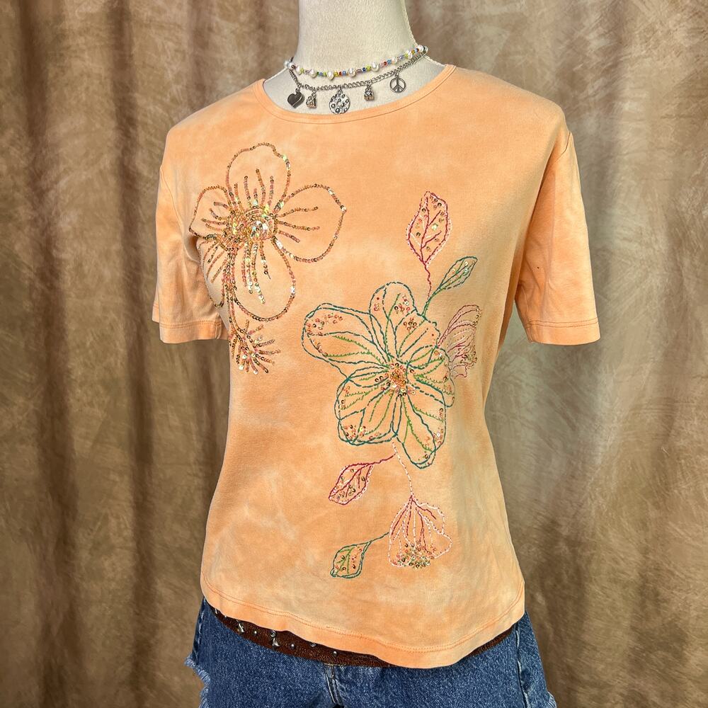 Vintage Sequin Floral Shirt 90s T-Shirt Tie Dye Orange Tropical Fairy Boho Y2K
